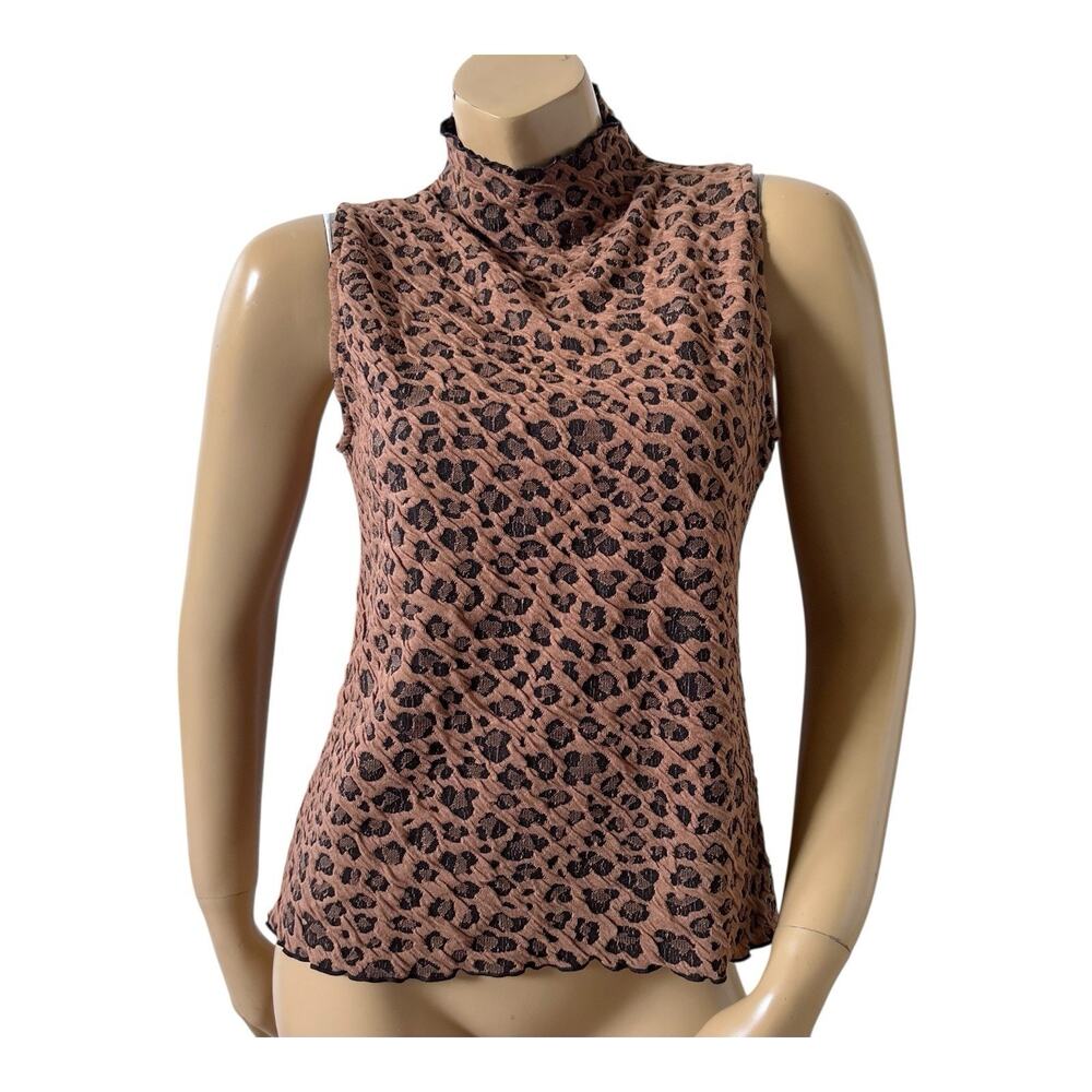Bunulu Top Womens Small Brown Black Leopard Mock Neck Sleeveless Textured Knit